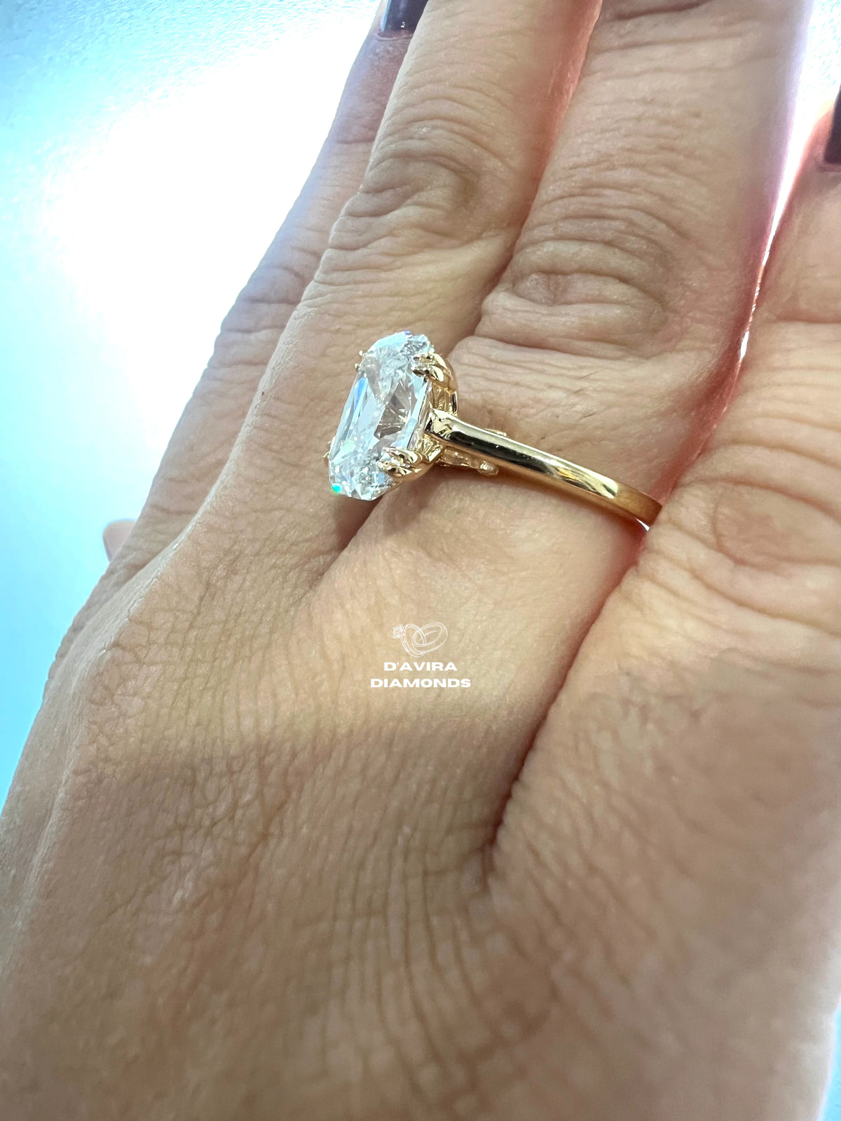 side view of the cushion cut tulip set lab diamond ring