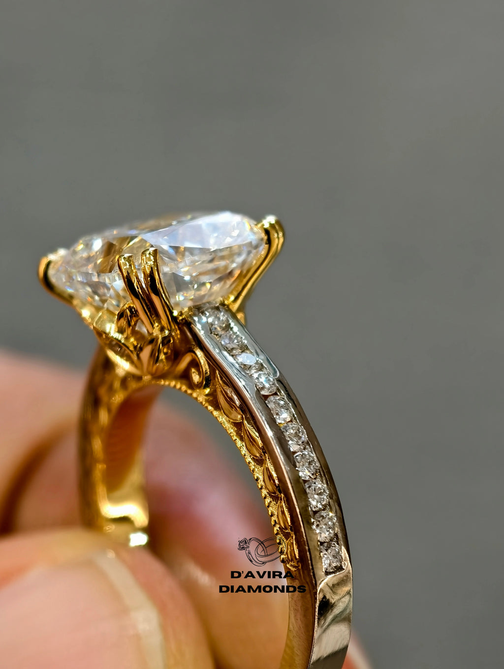 side view of the cushion cut filigree set lab diamond ring