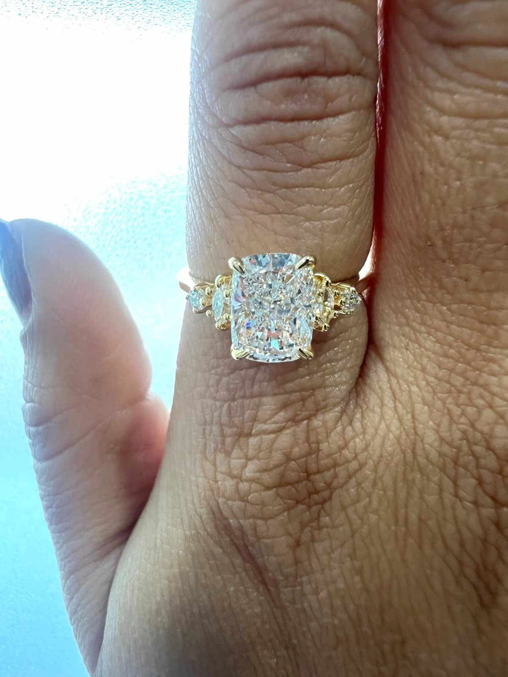 Elongated Cushion Cut Lab Diamond Cluster Yellow Gold Ring
