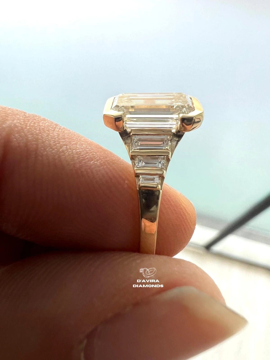 Half Bezel Set Emerald Cut Lab Engagement Ring