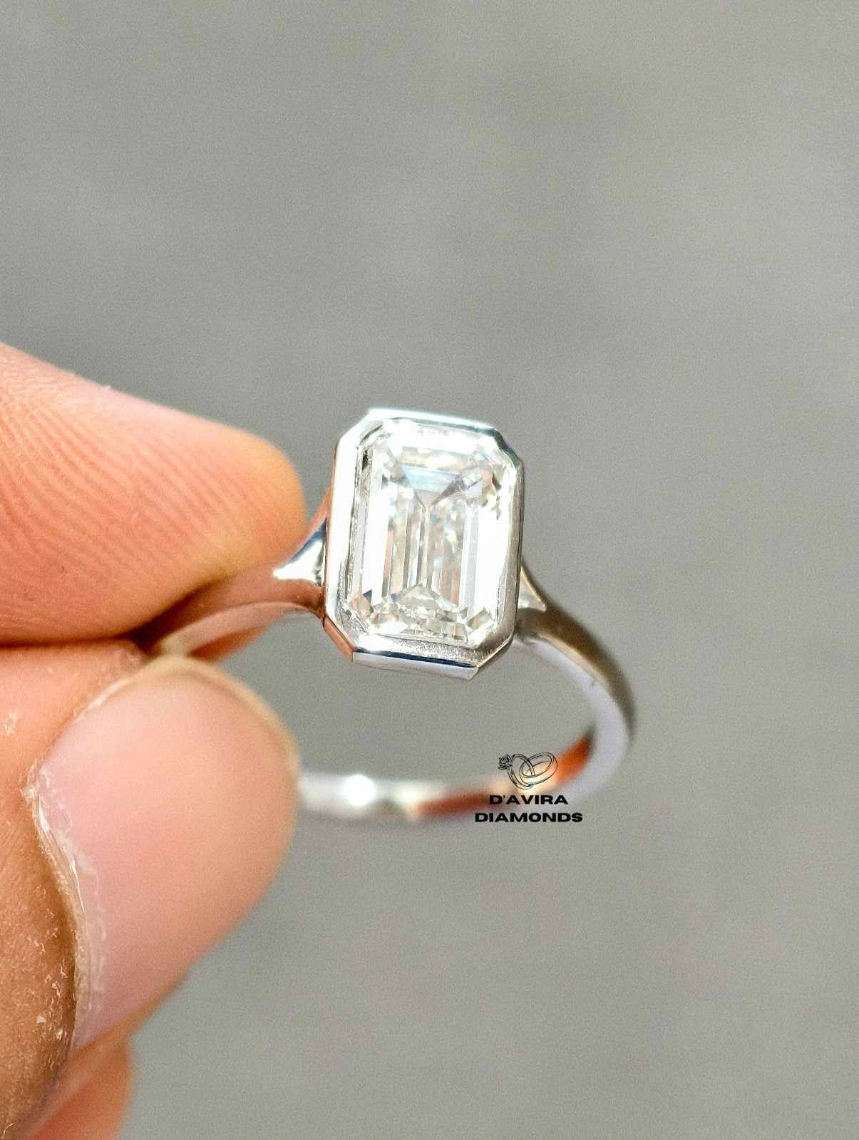 Emerald Cut Lab Diamond Bezel Set Engagement Ring