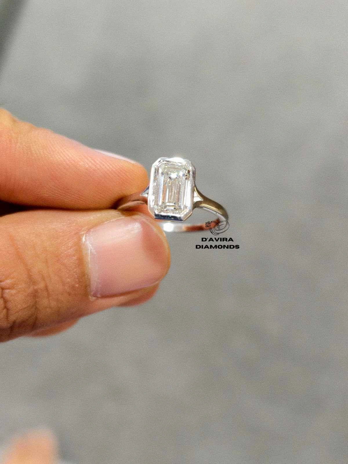Emerald Cut Lab Diamond Bezel Set Engagement Ring