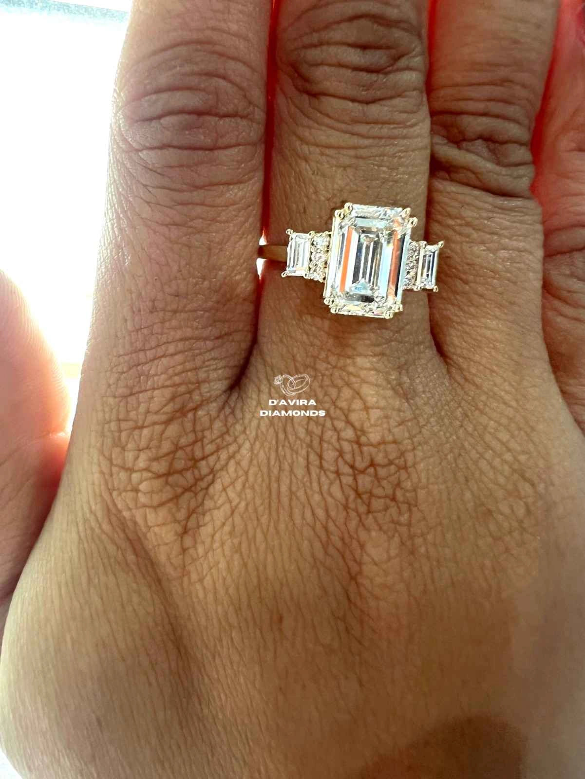 3 Stone Emerald Cut Lab Diamond Ring For Women