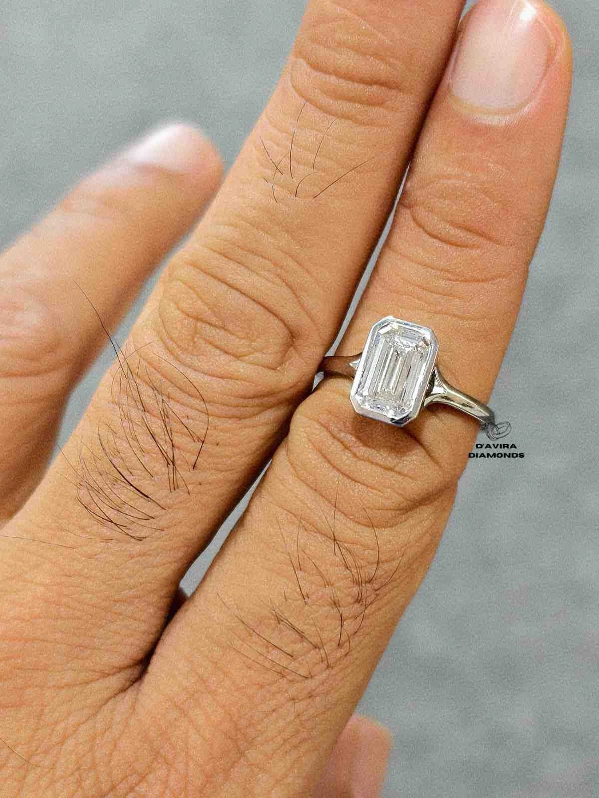 Emerald Cut Lab Diamond Bezel Set Engagement Ring
