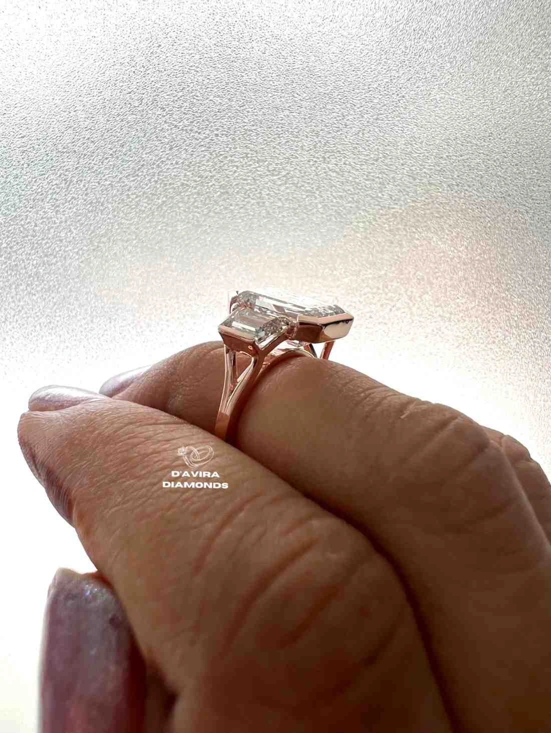 Three Stone Bezel Set Emerald Cut Women Diamond Ring