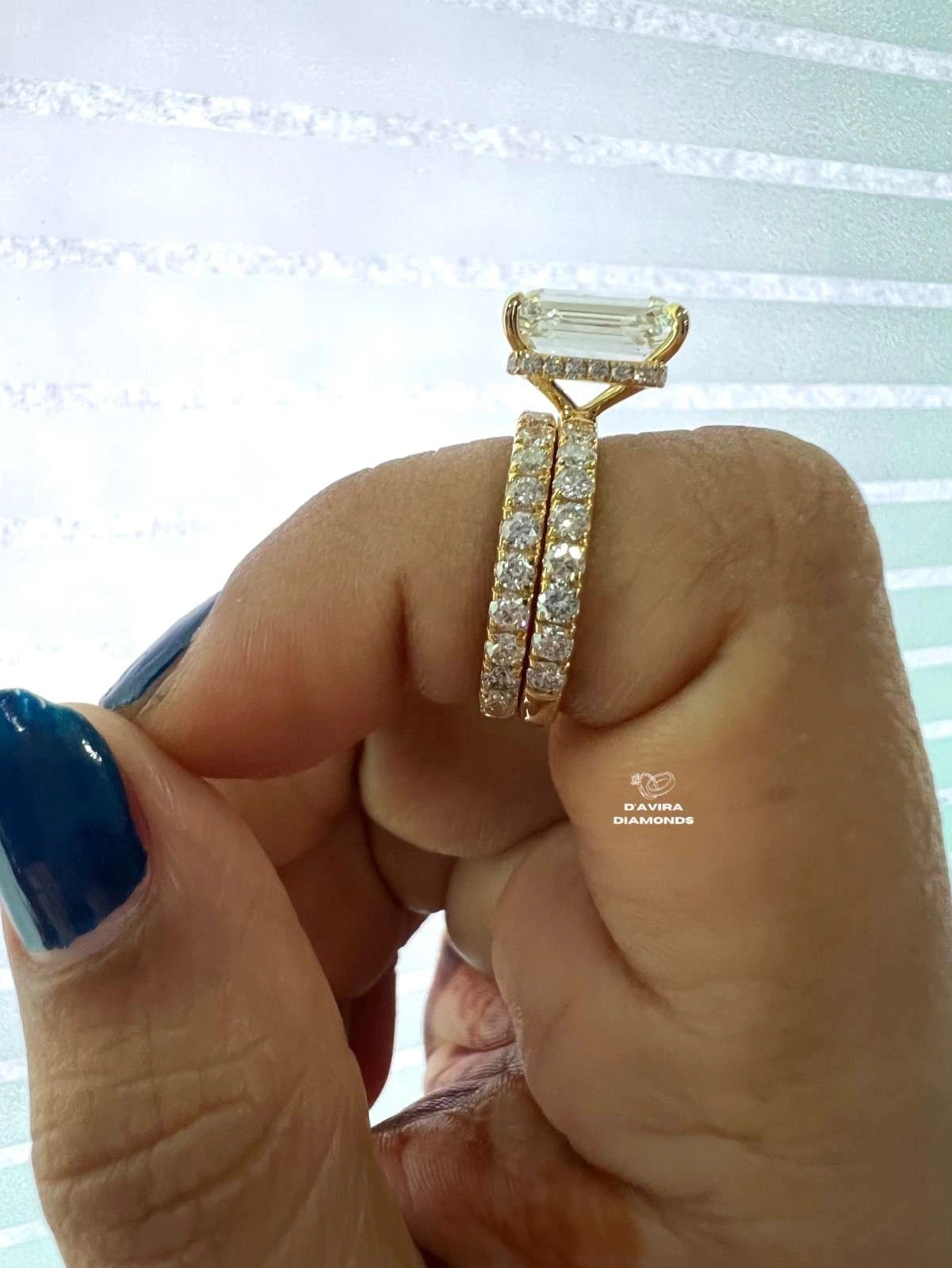 Emerald Cut Lab Diamond Solitaire Accent Wedding Ring Set