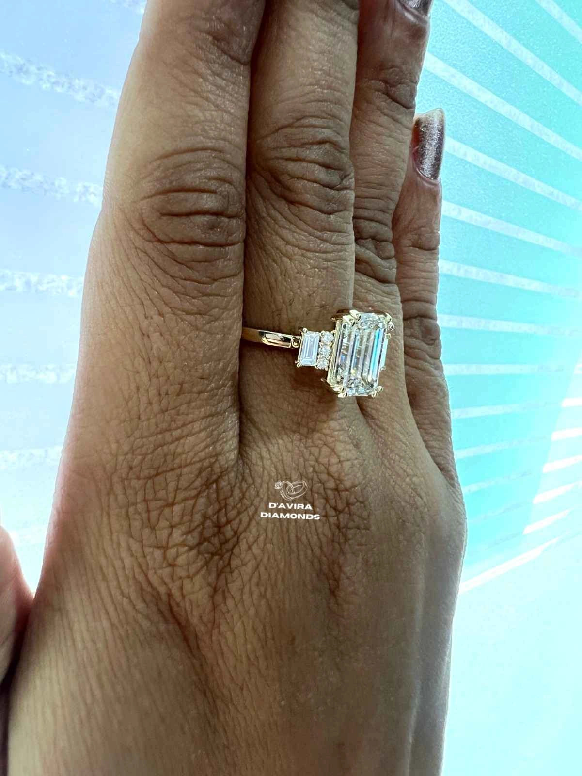 3 Stone Emerald Cut Lab Diamond Ring For Women