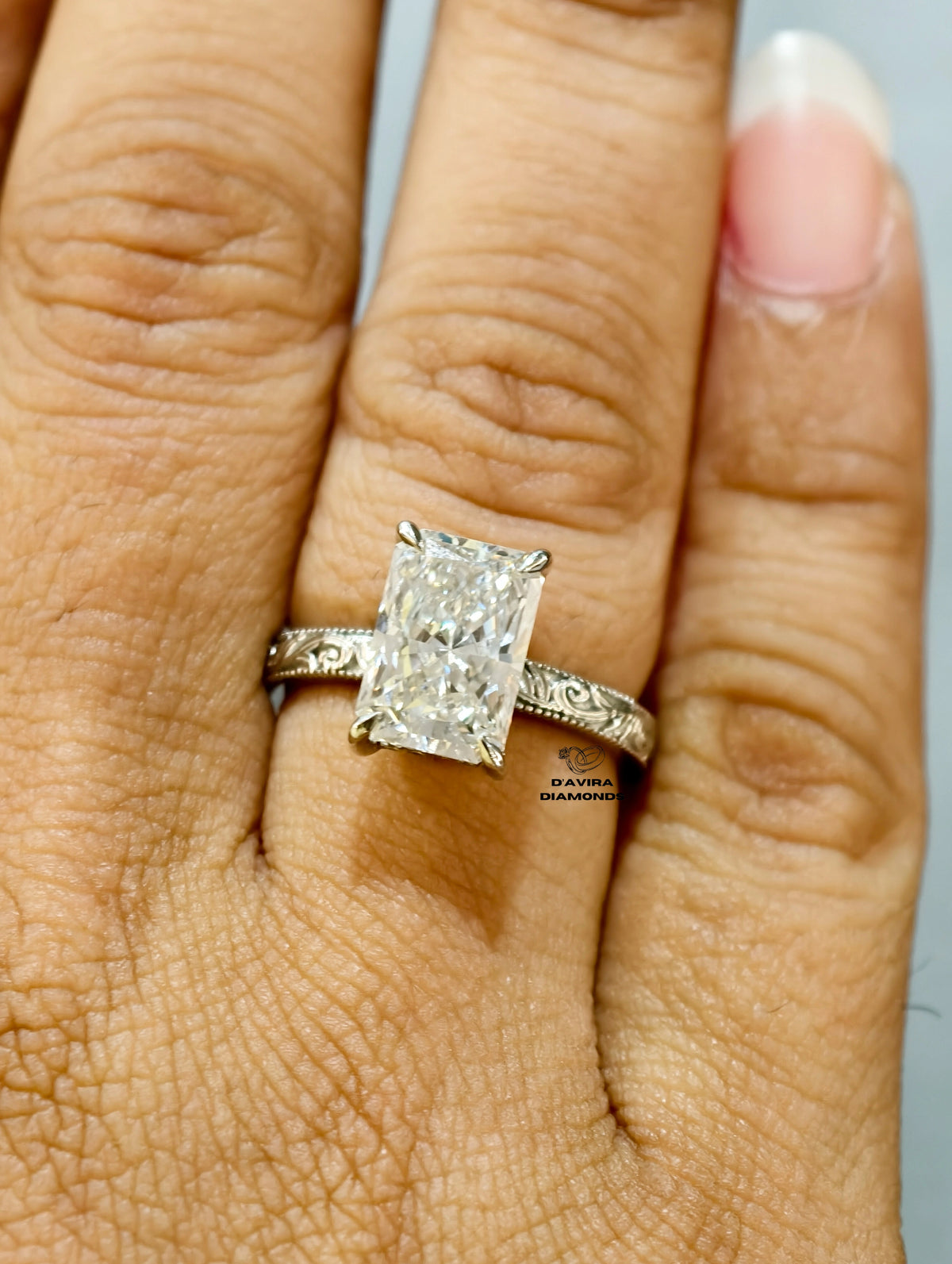 front view of the radiant cut lab  diamond ring 