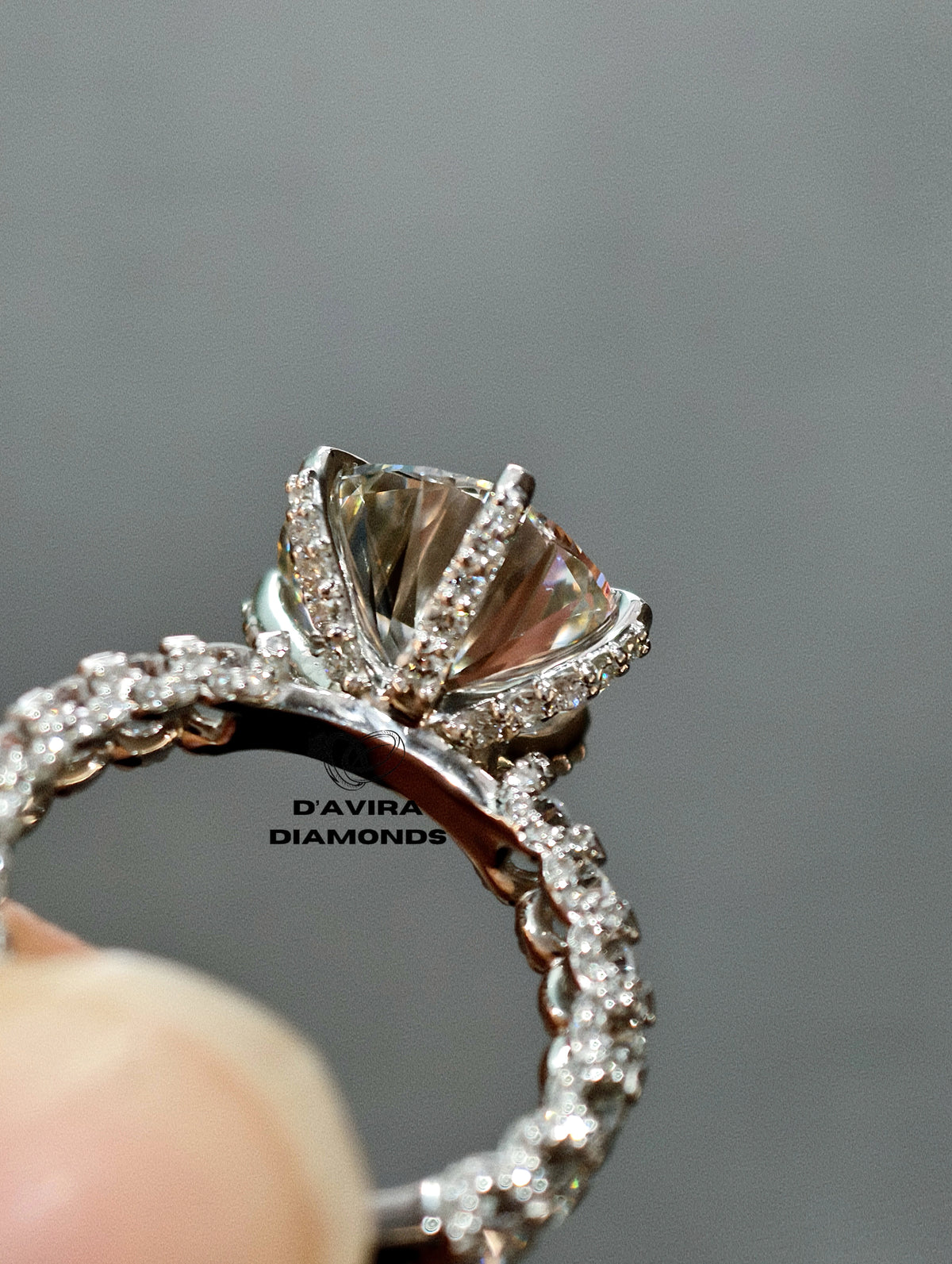 back view of the round cut pave set lab diamond ring
