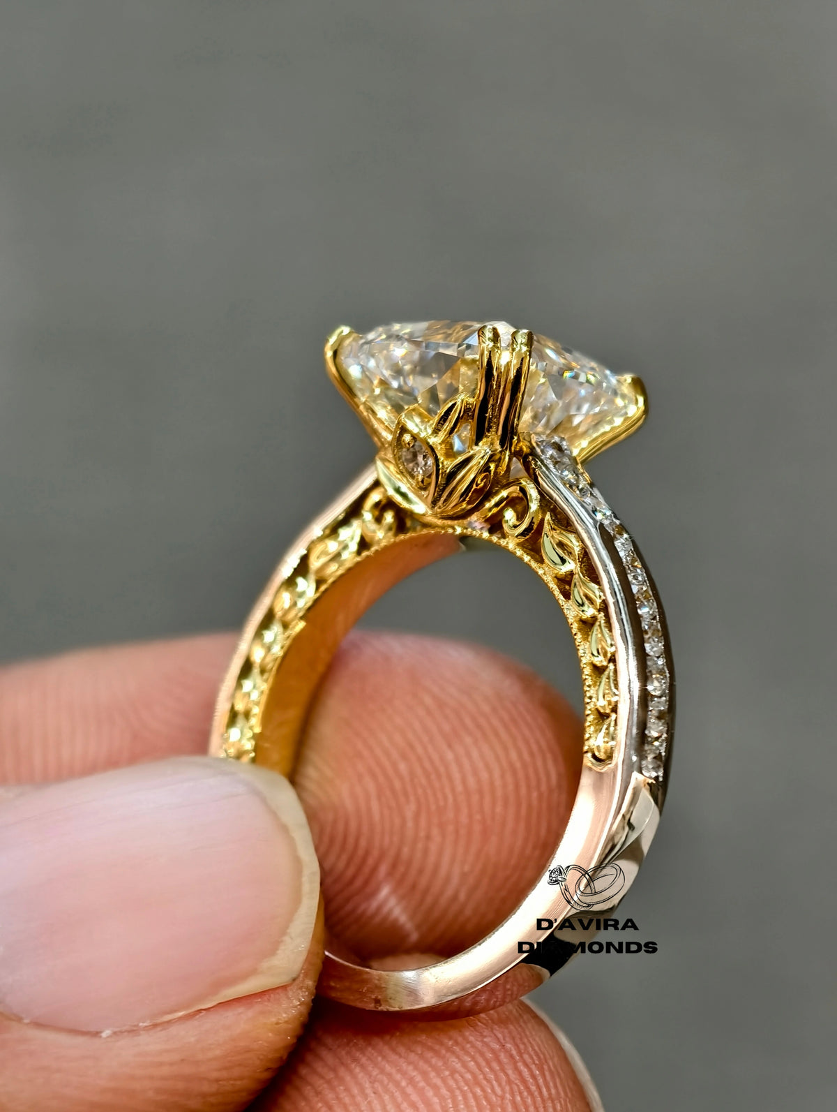 side view of the cushion cut double prong set lab diamond ring