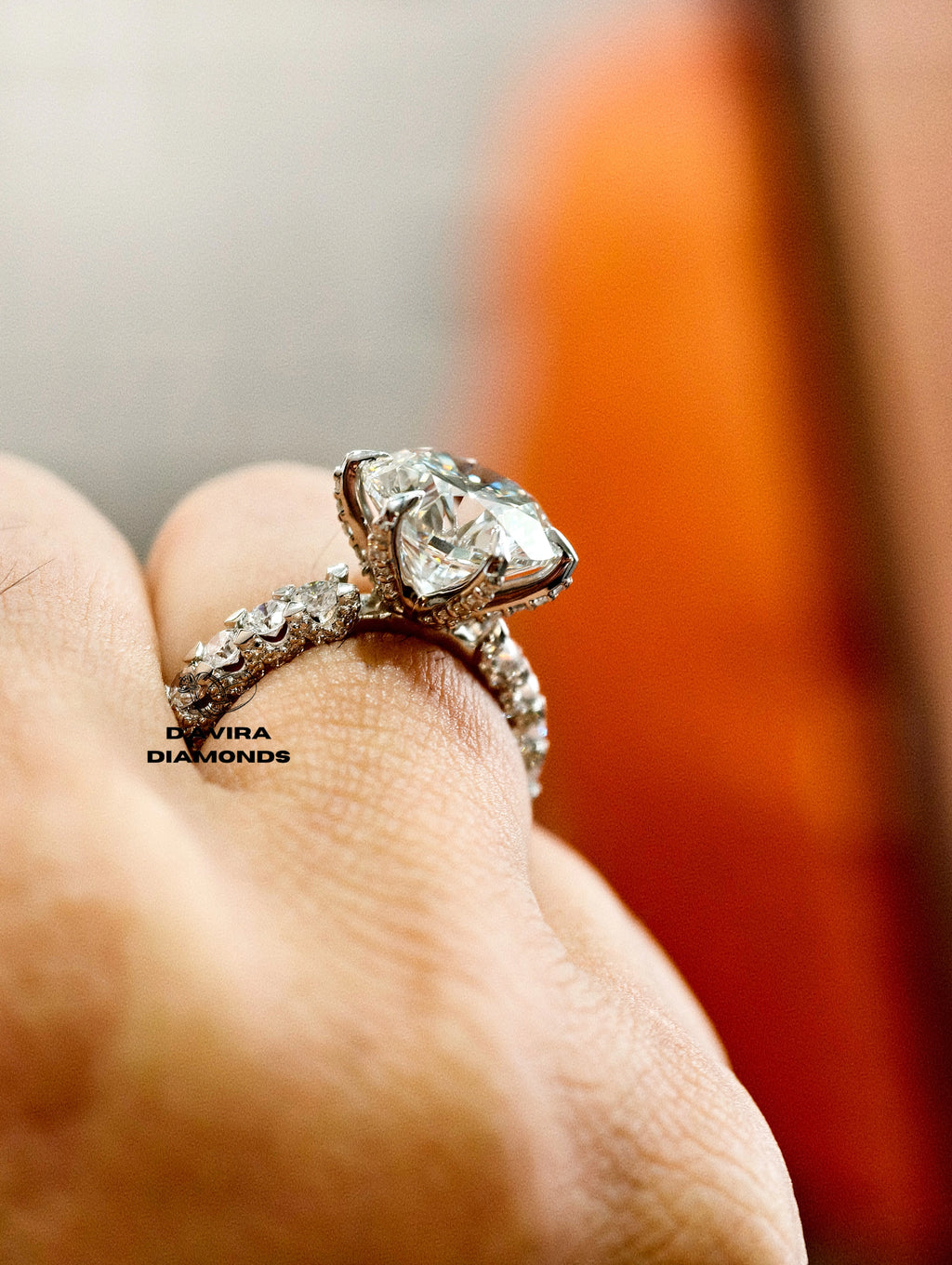 back view of the round cut hidden halo set lab diamond ring
