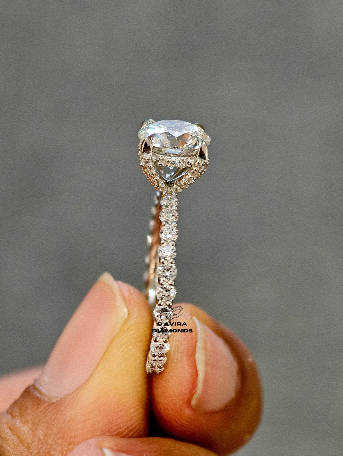 back view of the round cut basket set lab diamond ring
