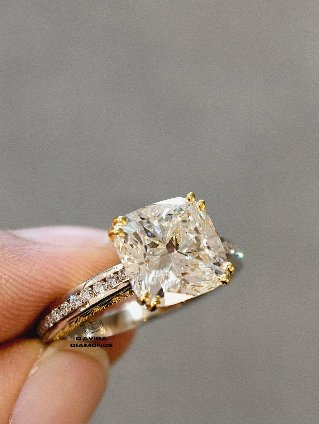 front view of the cushion cut milgrain shank lab diamond band