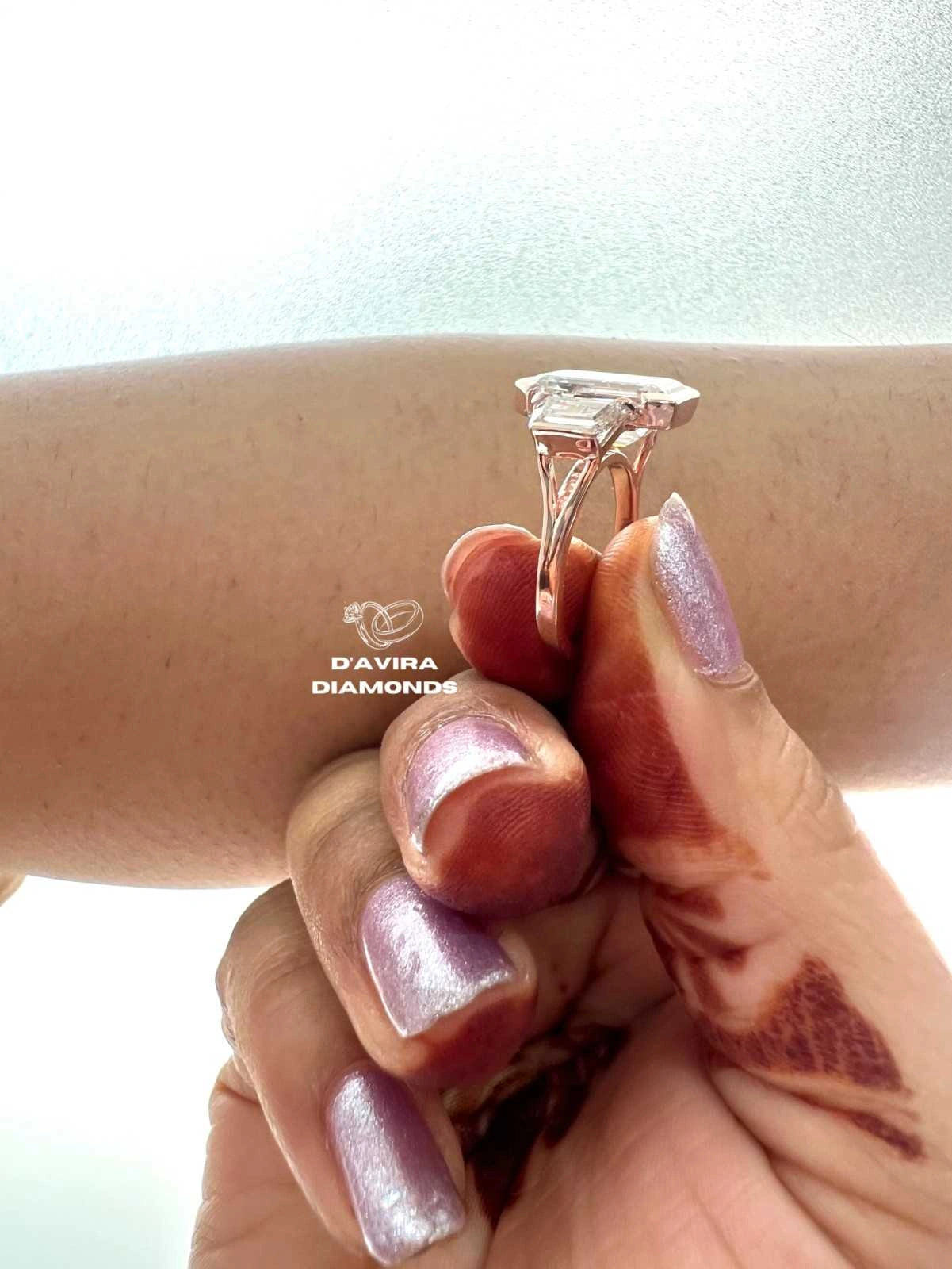 Three Stone Bezel Set Emerald Cut Women Diamond Ring