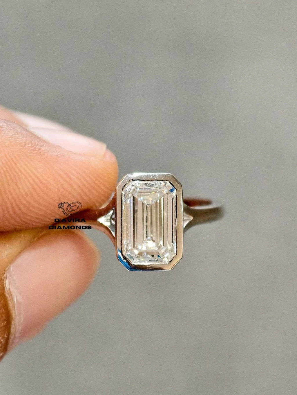 Emerald Cut Lab Diamond Bezel Set Engagement Ring