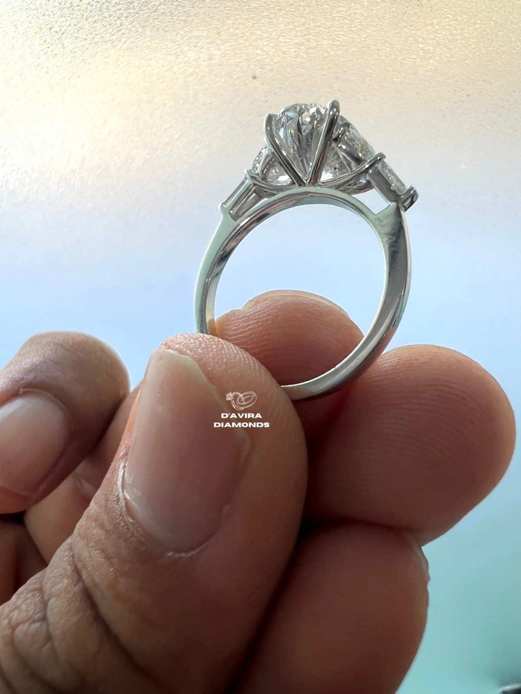 Oval And Half Moon Trio Engagement Diamond Ring
