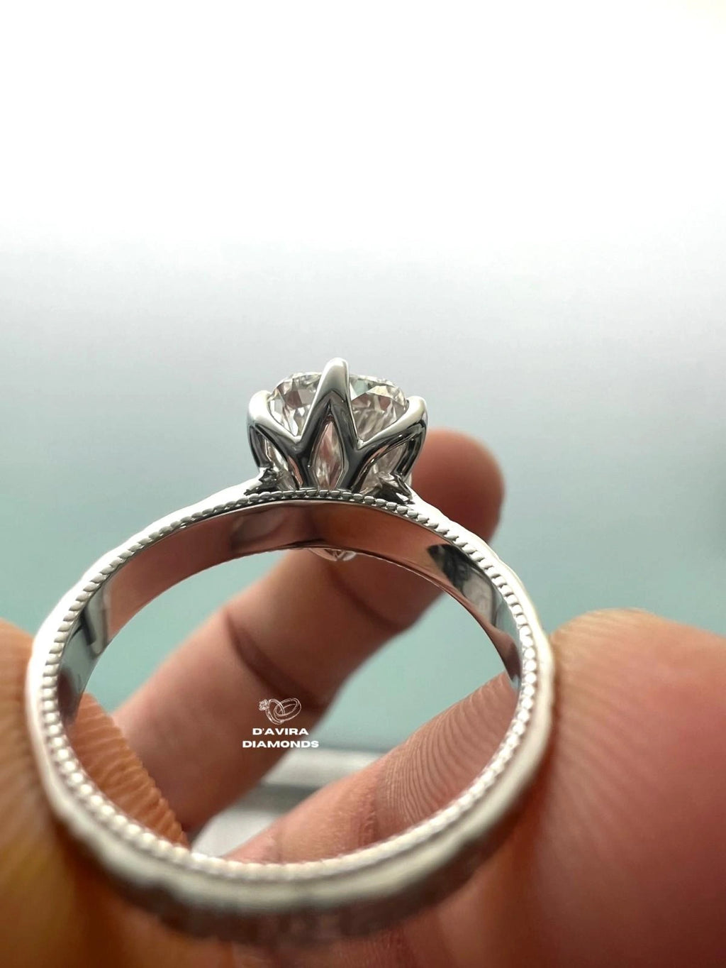 back view of the elongated cushion cut milgrain lab diamond ring