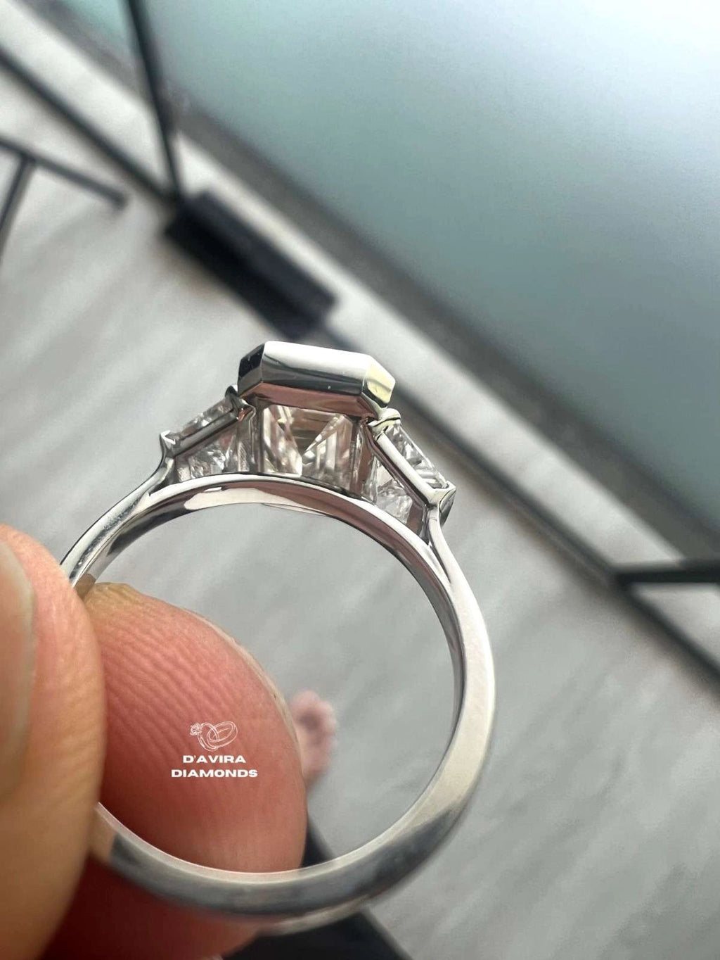 Three Stone Radiant Cut Half Bezel Set Diamond Ring