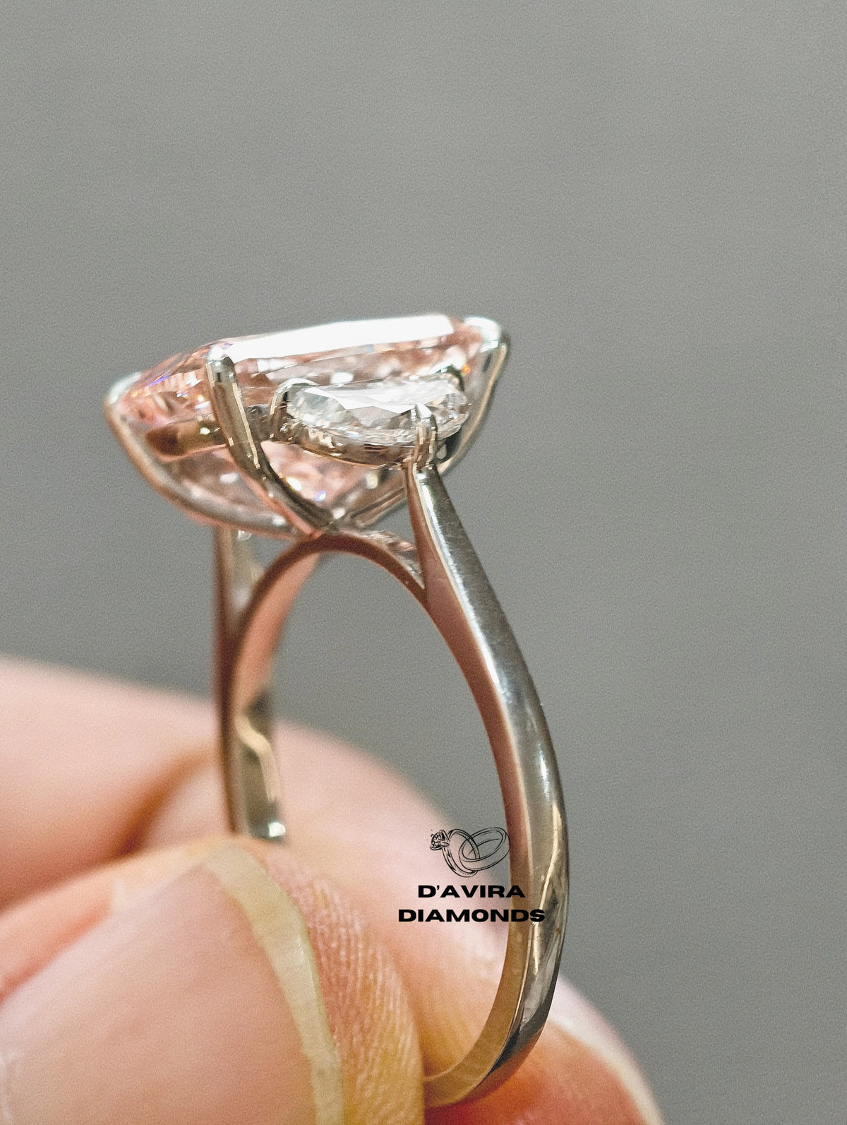 side view of the center pink stone cushion cut lab diamond ring