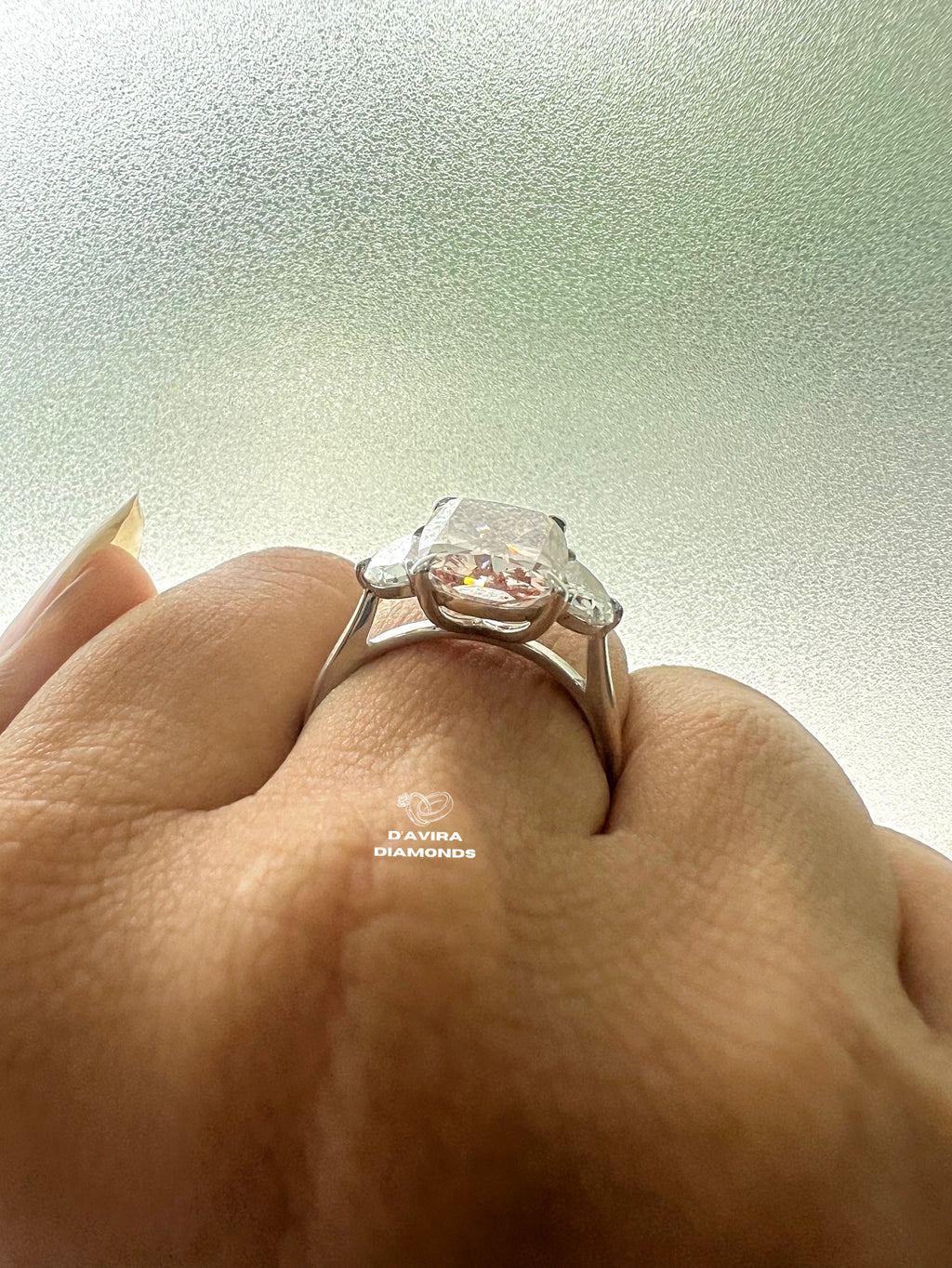back view of the three stone elongated cushion cut basket set lab diamond ring