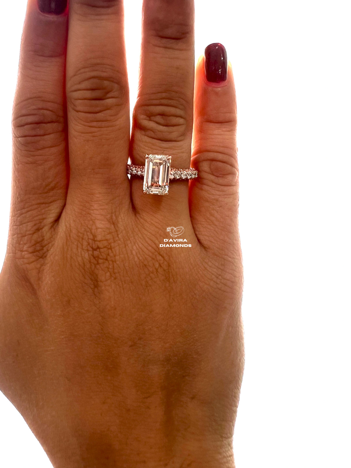 front view of the 14K rose gold emerald cut lab diamond ring 