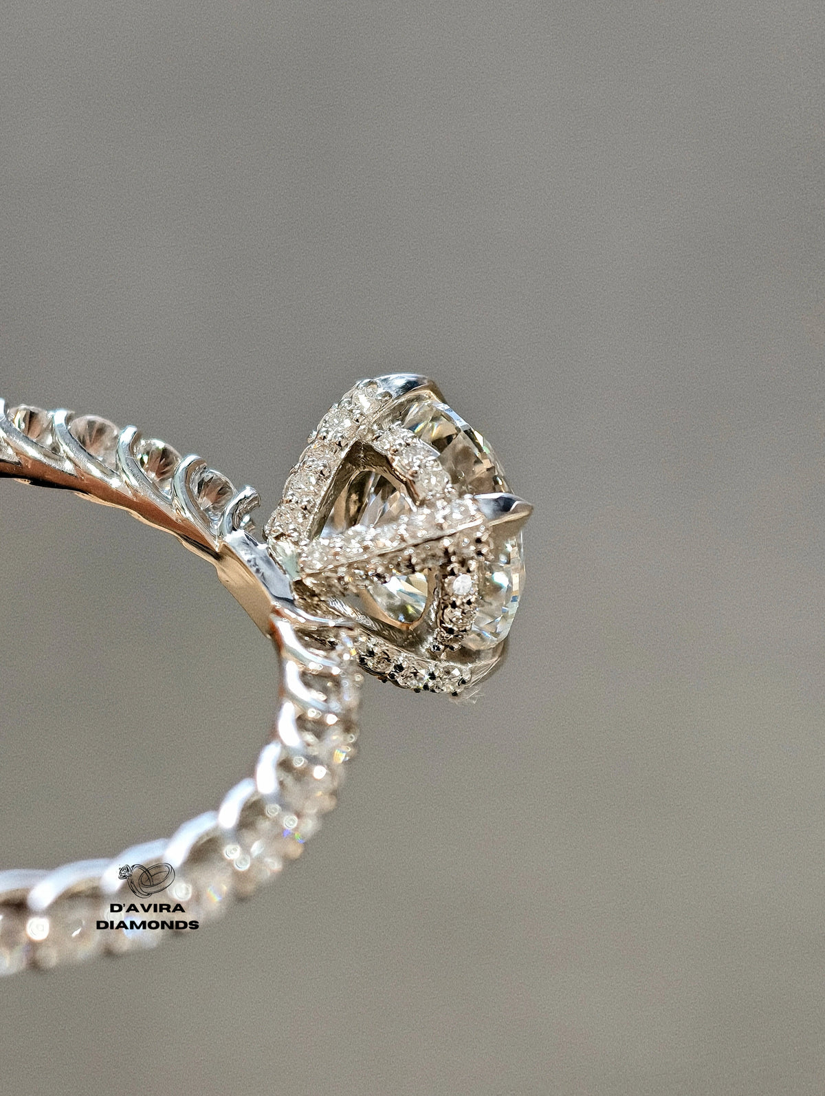 side view of the round cut lab grown diamond engagement ring
