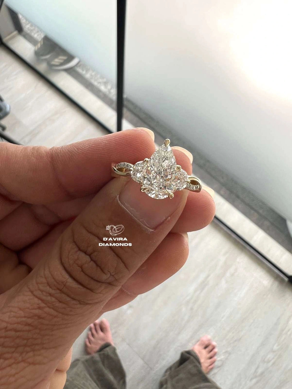 front view of the pear cut lab grown diamond ring