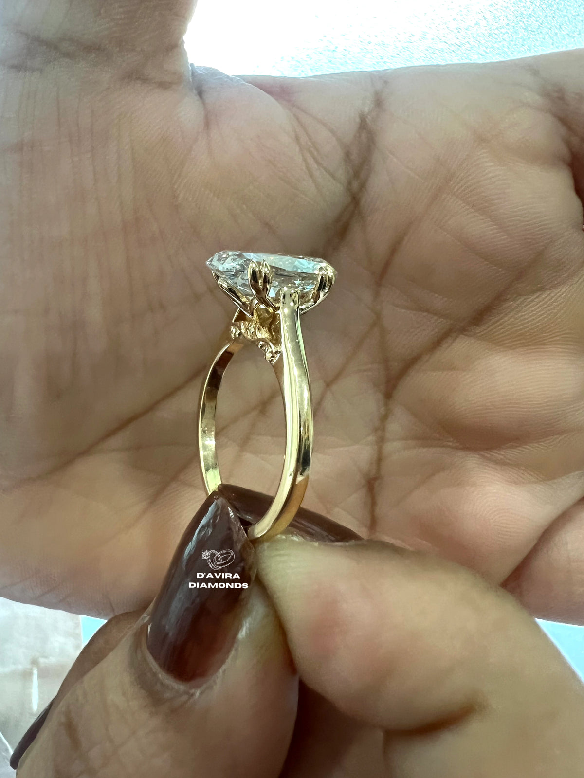 side view of the elongated cushion cut basket set lab diamond ring