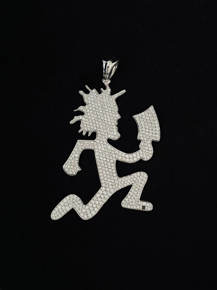 front view Sterling silver iced-out Hatchetman pendant, the official logo for the rap group Insane Clown Posse and Psychopathic Records