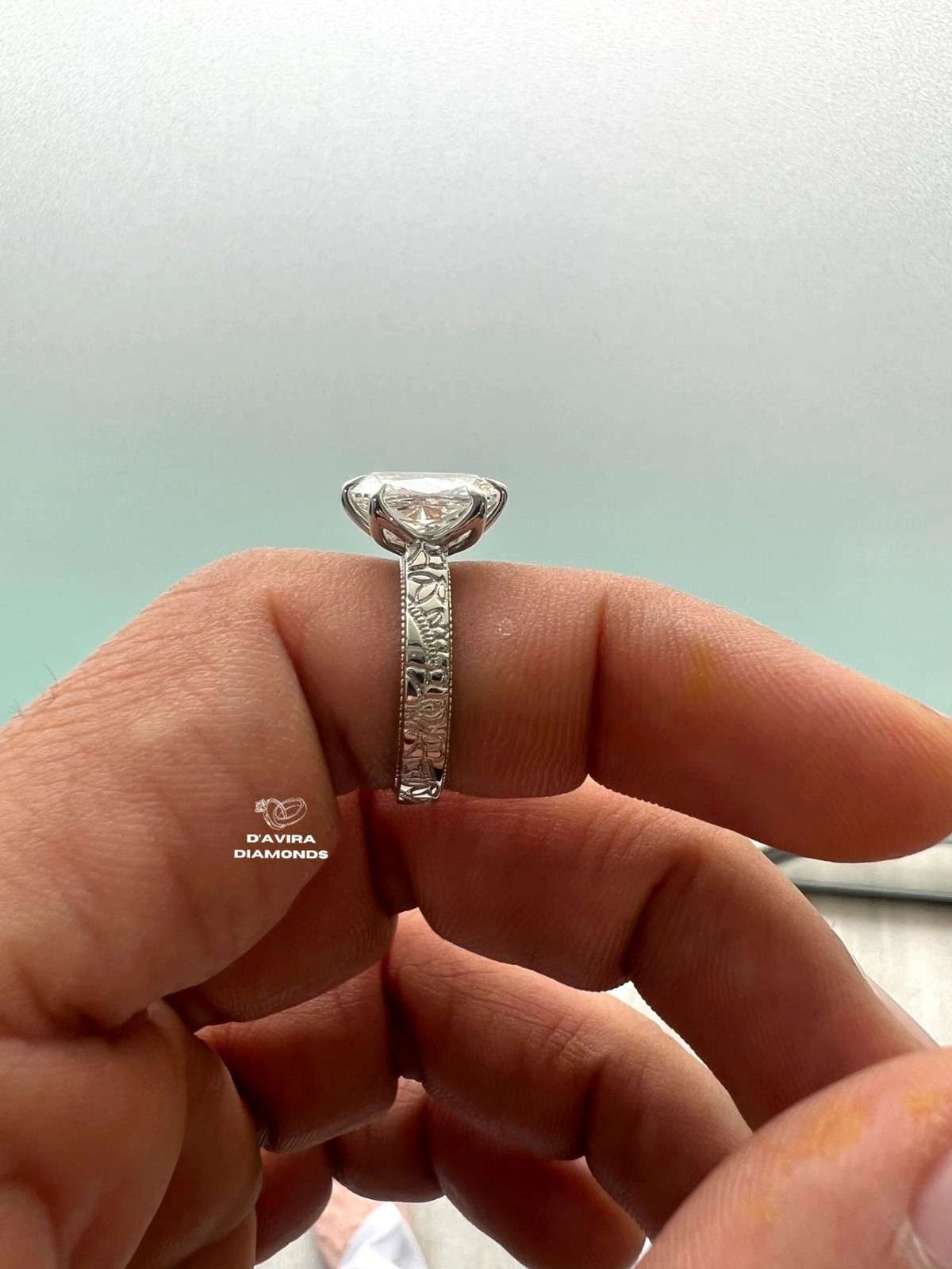 side view of the cushion cut floral engraved vintage wedding ring