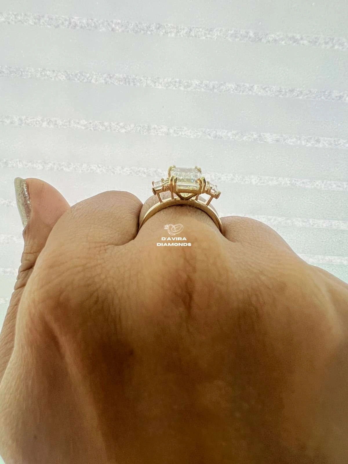 3 Stone Emerald Cut Lab Diamond Ring For Women