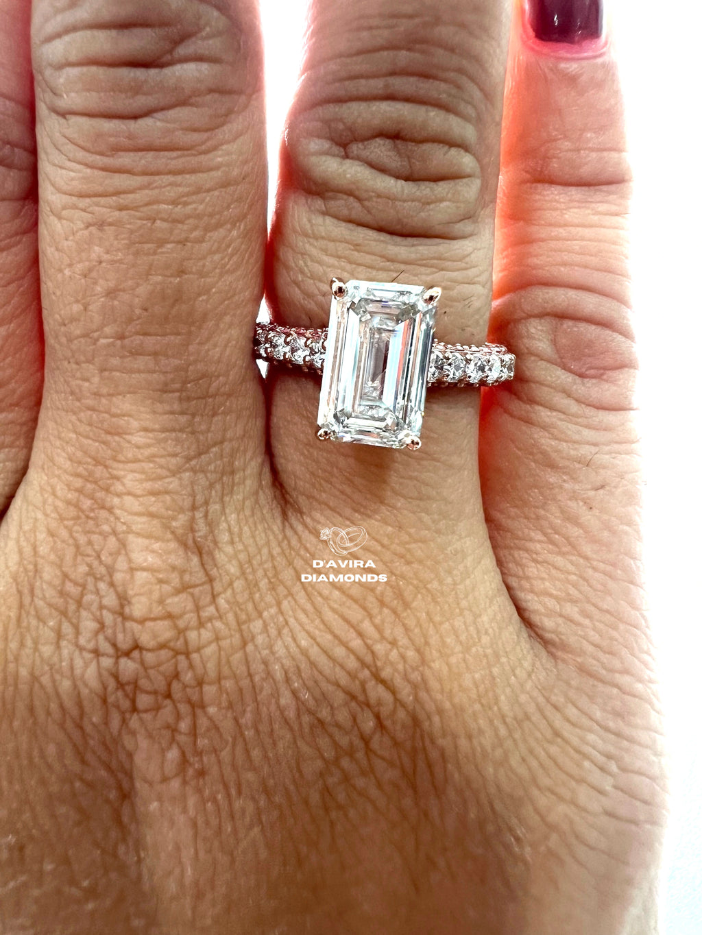 close up front view of the emerald cut lab grown diamond ring