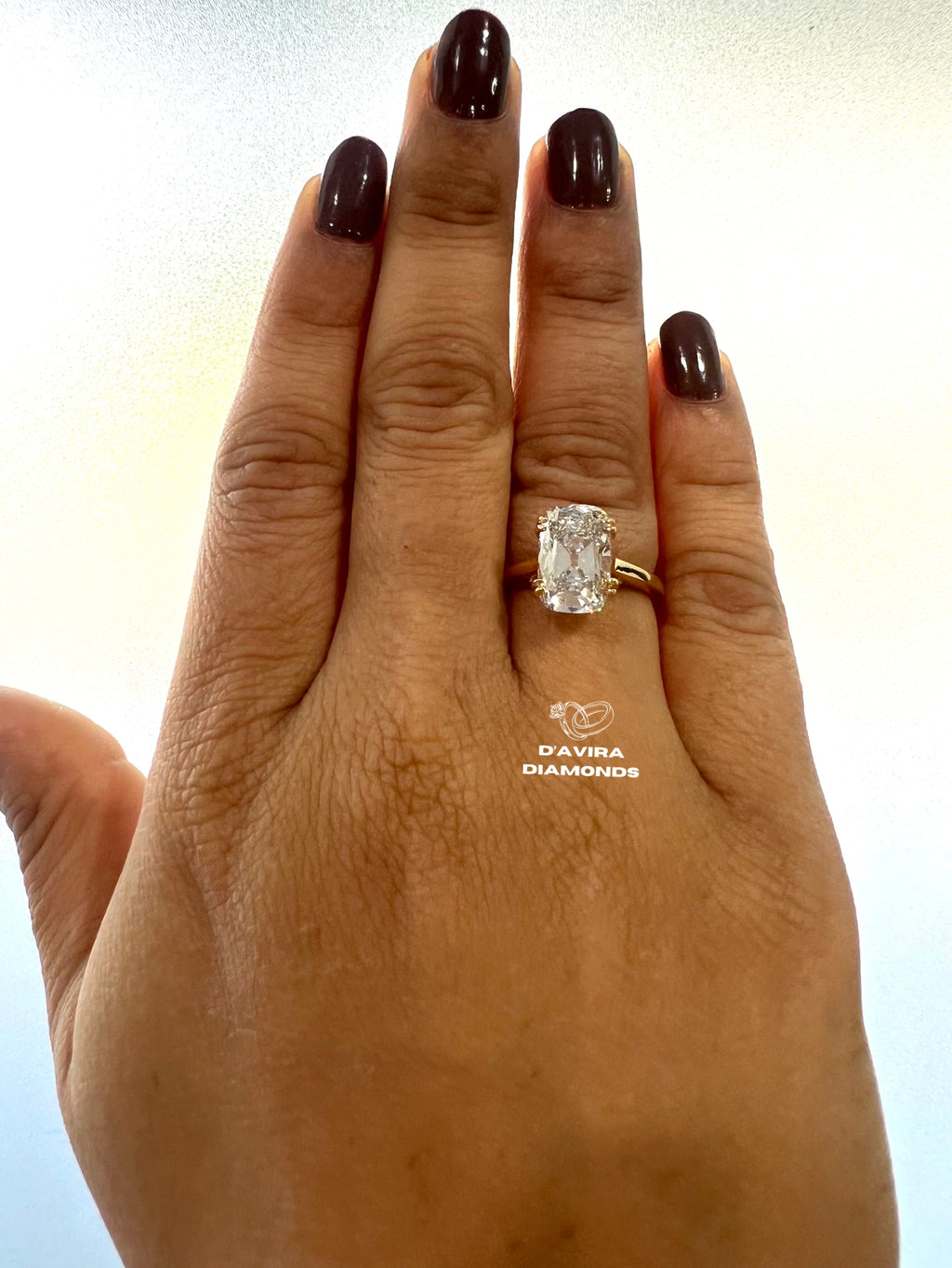 front view of the solitaire cushion cut lab diamond ring on hand