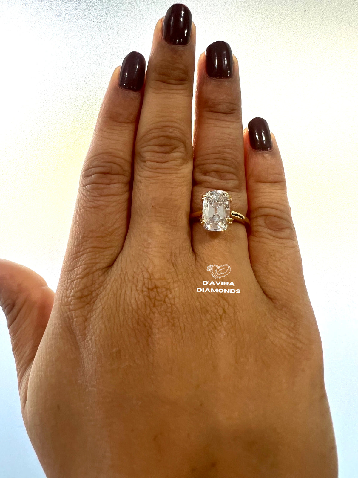front view of the solitaire cushion cut lab diamond ring on hand