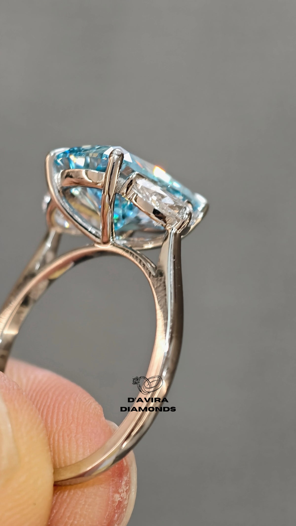 side view of the radiant cut bridge shank lab grown diamond ring
