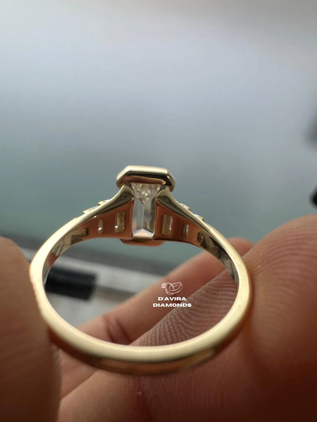 Half Bezel Set Emerald Cut Lab Engagement Ring