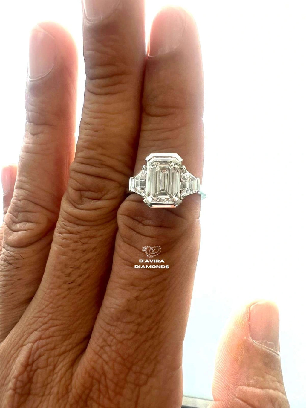Three Stone Radiant Cut Half Bezel Set Diamond Ring