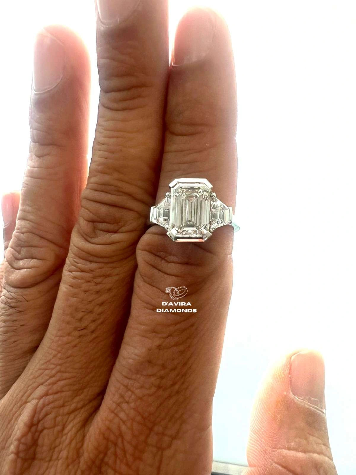 Three Stone Radiant Cut Half Bezel Set Diamond Ring