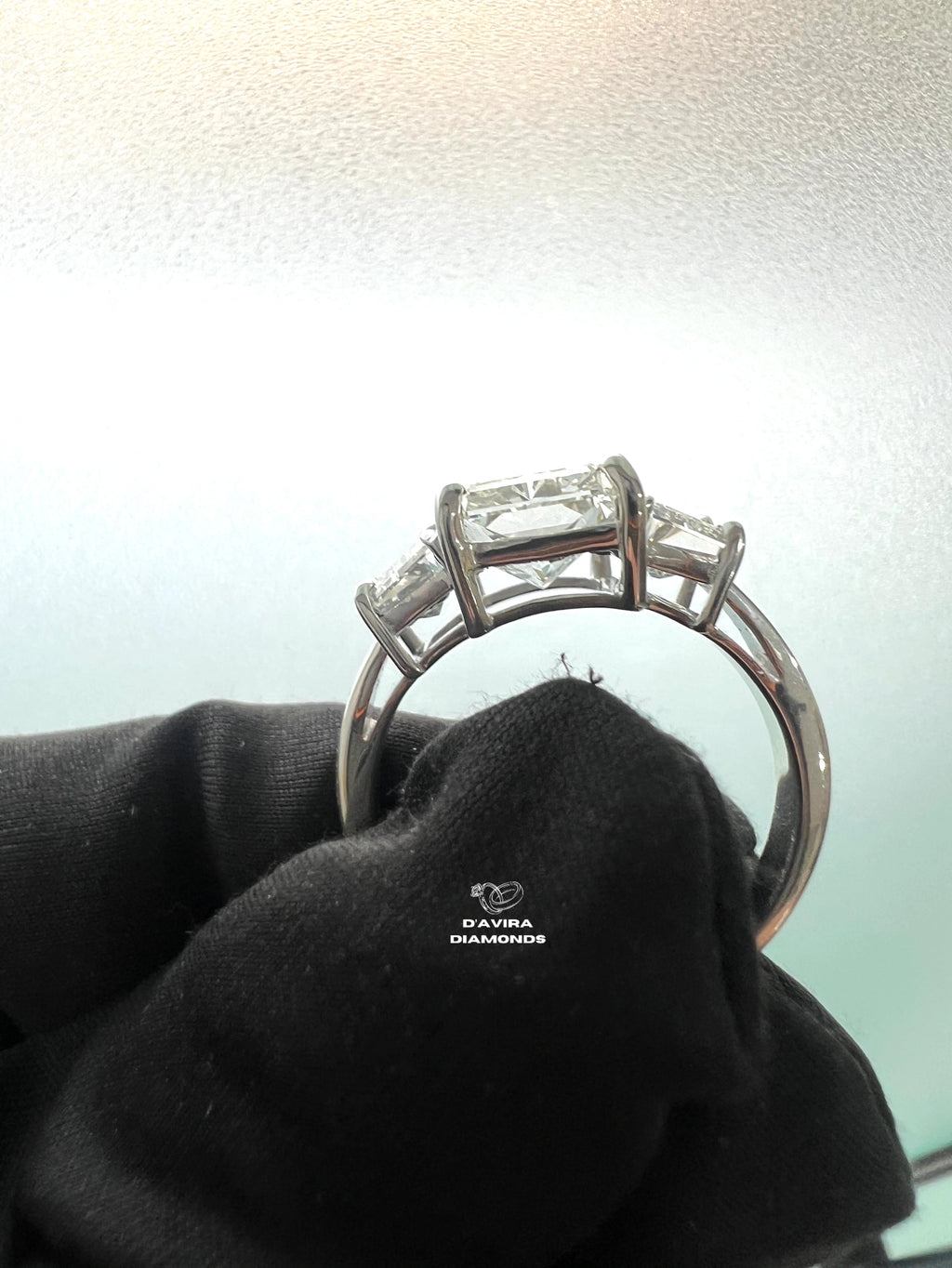 back view of the emerald cut lab diamond engagement ring for her