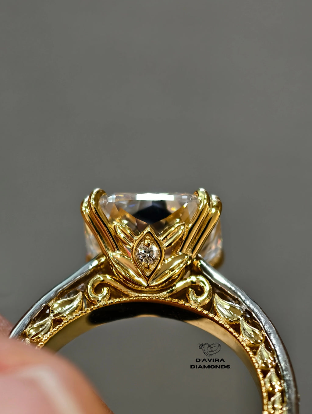 close up side view of the pave accent vintage gold ring
