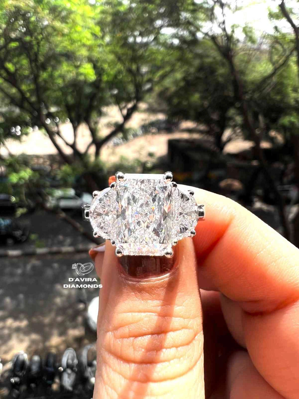 Radiant Lab Diamond Rings with Half Moon Side Stones Unique Engagement Ring in Solid Gold