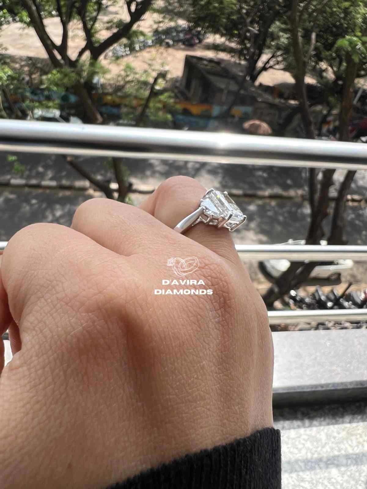 Radiant Lab Diamond Rings with Half Moon Side Stones Unique Engagement Ring in Solid Gold