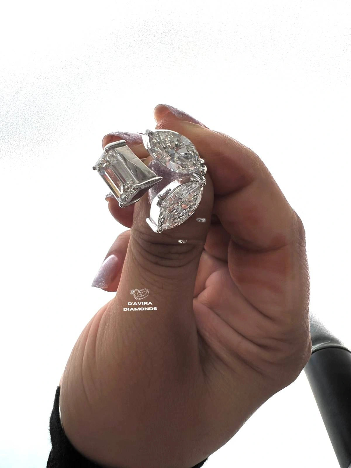 Unique Lab grown diamond Toi Et Moi Ring Marquise and Emerald Diamonds three Stones One Story