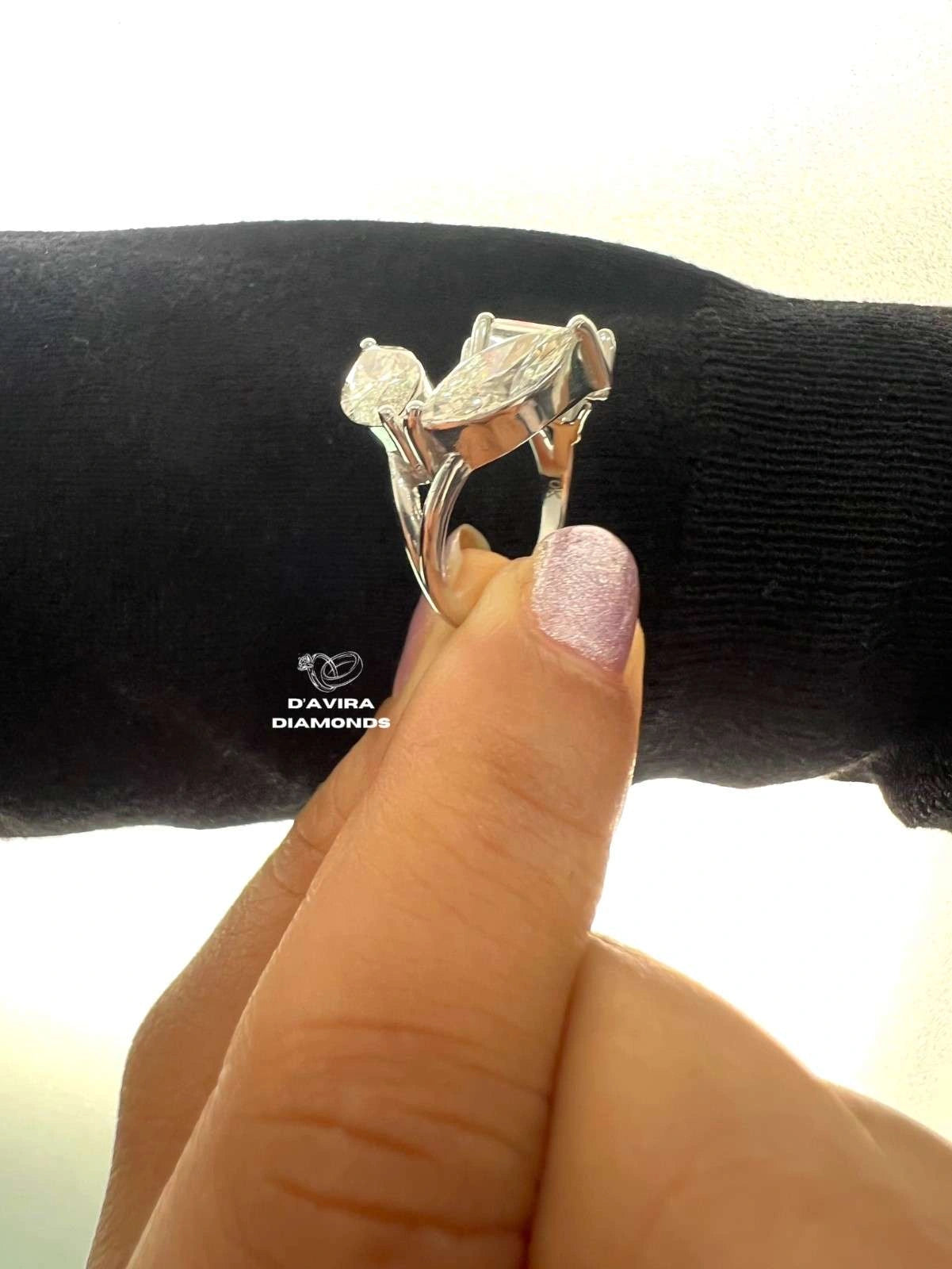Unique Lab grown diamond Toi Et Moi Ring Marquise and Emerald Diamonds three Stones One Story