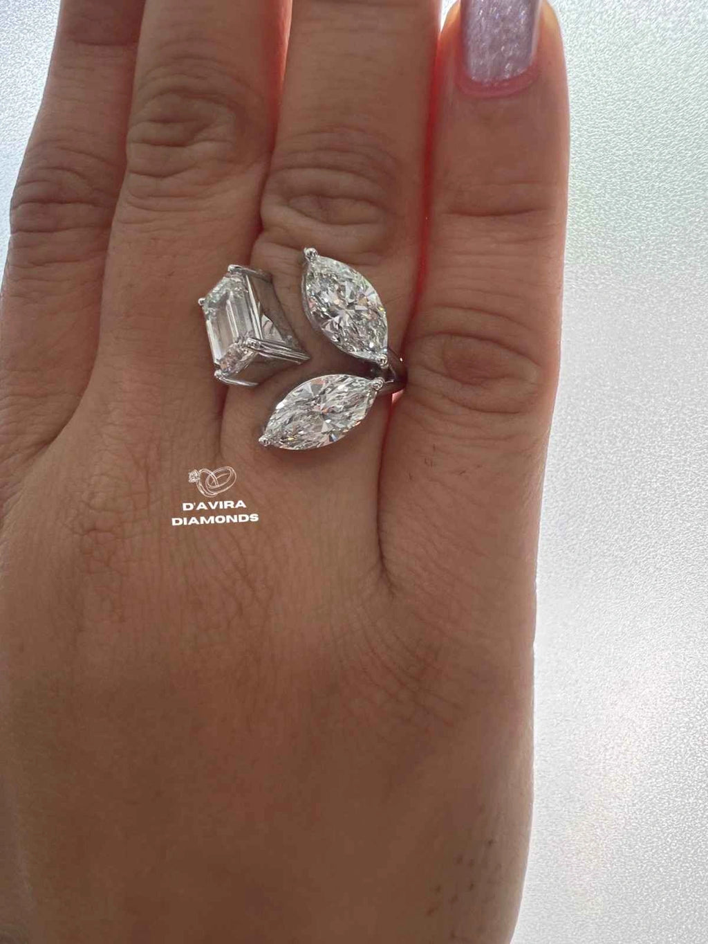 Unique Lab grown diamond Toi Et Moi Ring Marquise and Emerald Diamonds three Stones One Story
