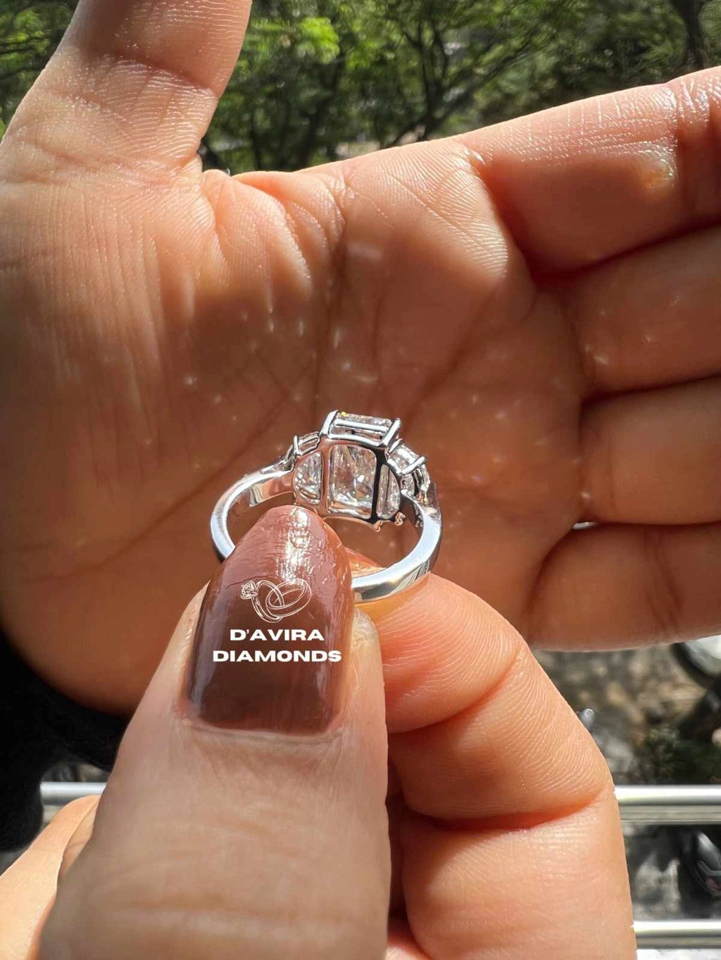 Radiant Lab Diamond Rings with Half Moon Side Stones Unique Engagement Ring in Solid Gold