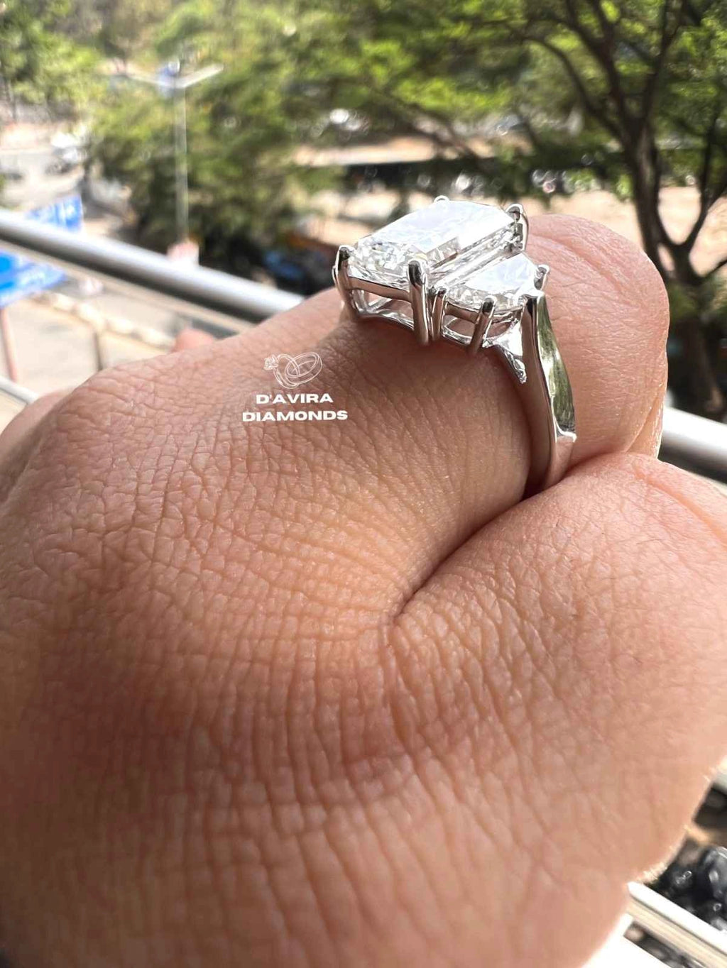 Radiant Lab Diamond Rings with Half Moon Side Stones Unique Engagement Ring in Solid Gold