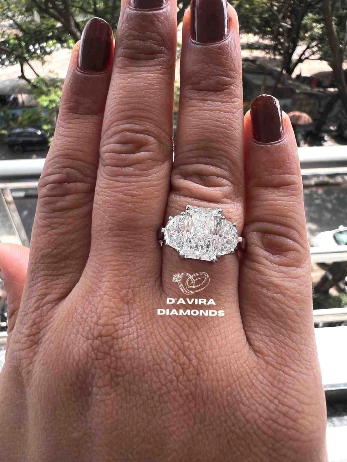 Radiant Lab Diamond Rings with Half Moon Side Stones Unique Engagement Ring in Solid Gold