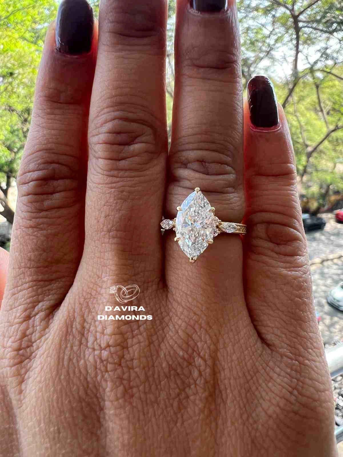 Lab Grown Marquise Diamond Ring for Women with Round Cut Side Stone Design Unique Jewelry