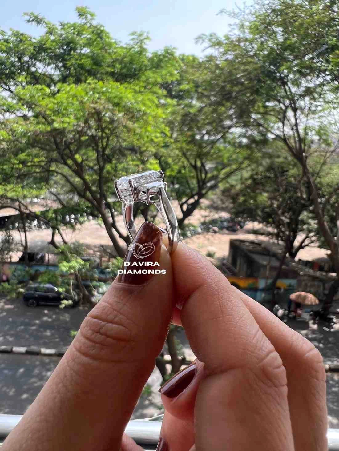 Radiant Lab Diamond Rings with Half Moon Side Stones Unique Engagement Ring in Solid Gold